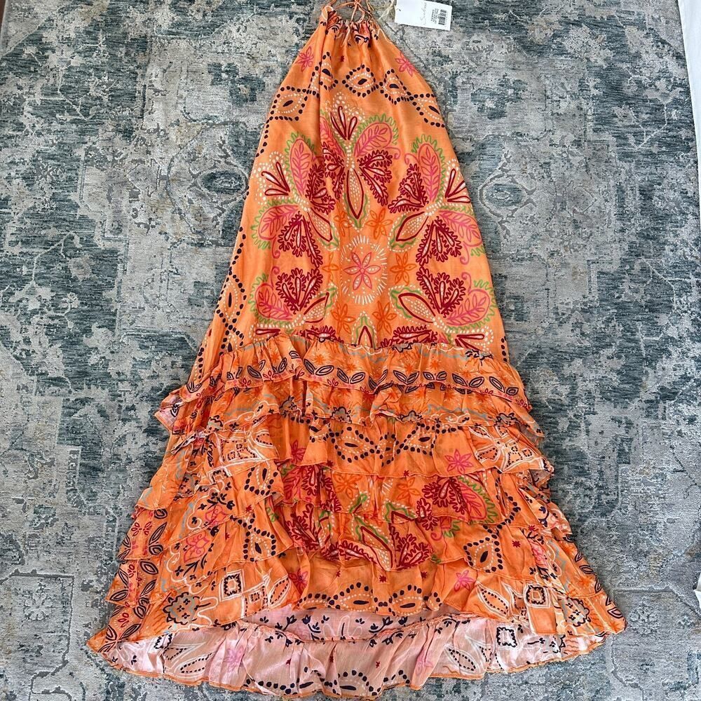 Sundress Maxi Dress M/L Floral Halter Tiered‎ Flounce Boho Resort Vacation Luxe - Picture 6 of 14